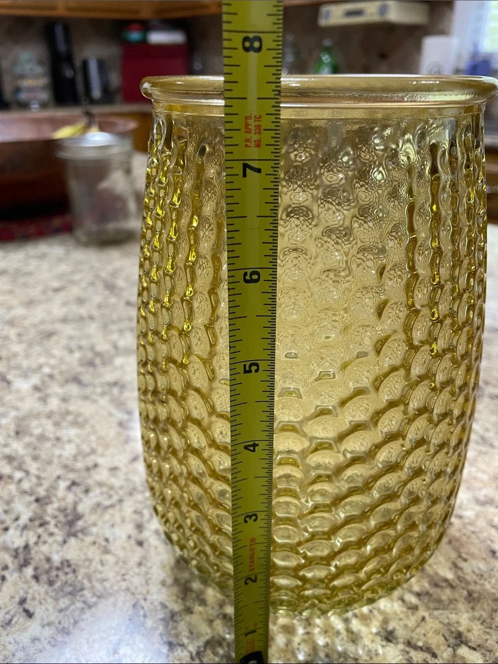 Vintage 1970s Amber Coin Dot (Thumbprint) Pressed Glass Vase – 8” Tall EUC